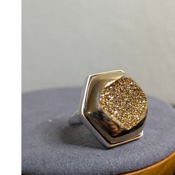 Chunky Hexagon Gold Druzy Quartz Two Tone Sterling Silver Ring Size 8 - Picture 2 of 14
